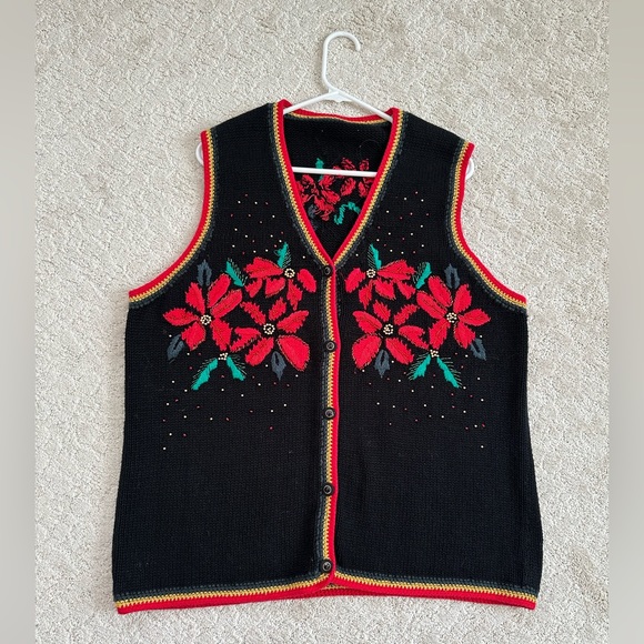 Vintage Embroidered Holiday Vest Knit Button Woven Beaded 😍 XL - Picture 1 of 13